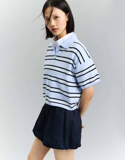 Bershka – Gestreifter Pullover in Jeansblau mit Polokragen - view 1