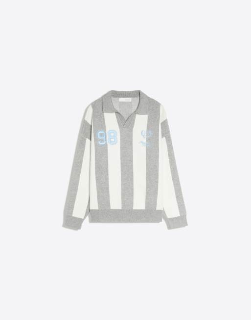 Bershka gestreifter Pullover mit Polokragen und Stickerei in Grau, 5 von 5