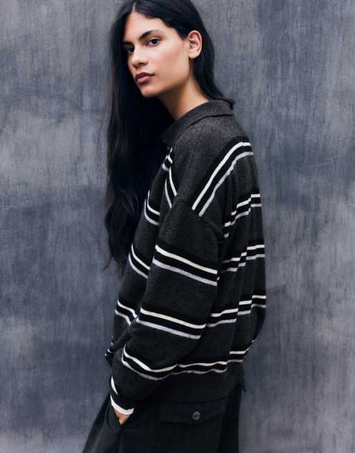 Bershka gestreifter Rollkragenpullover in Grau, 3 von 5