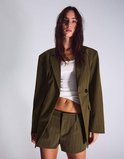 Bershka – Gestreifter, zweireihiger Blazer in Khaki - view 1