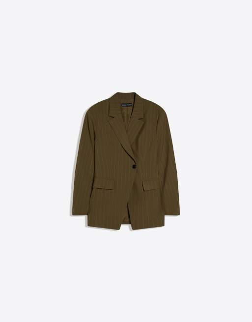 Bershka – Gestreifter, zweireihiger Blazer in Khaki, 2 von 4