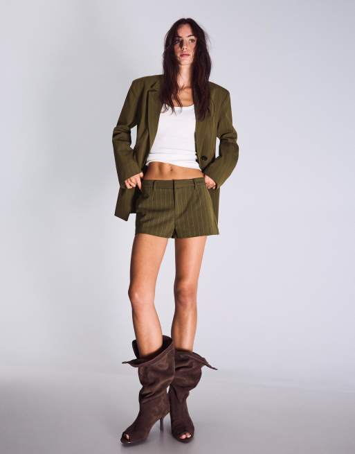 Bershka – Gestreifter, zweireihiger Blazer in Khaki, 3 von 4