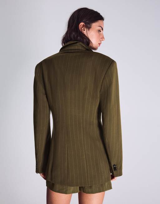 Bershka – Gestreifter, zweireihiger Blazer in Khaki, 4 von 4