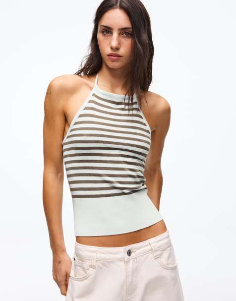 Bershka – Gestreiftes Neckholder-Oberteil in Jeansblau - view 1