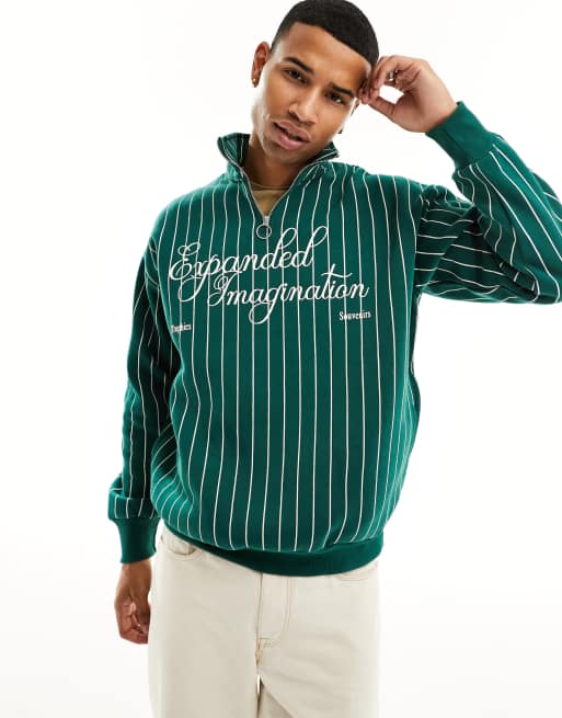 Bershka – Gestreiftes Sweatshirt in Grün mit kurzem 1/4-Reißverschluss
