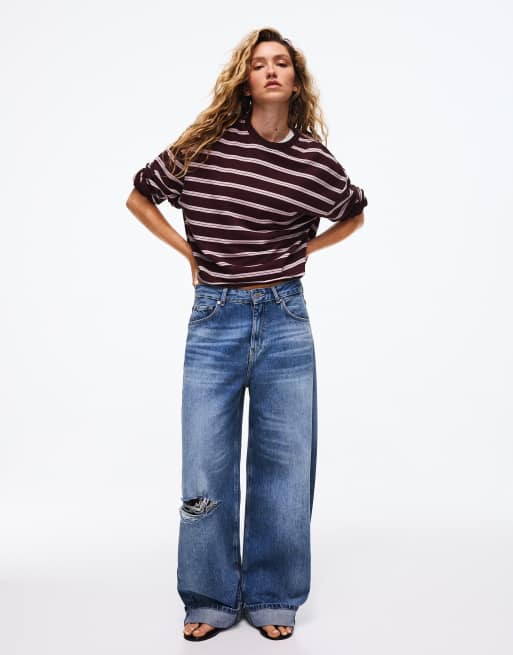 Bershka gestreiftes Sweatshirt mit Rundhalsausschnitt in Burgunderrot, 2 von 5