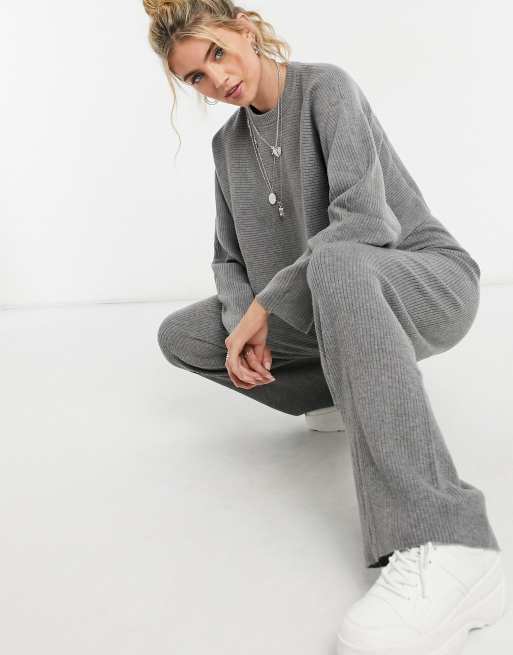 Bershka – Gestrickte Hose mit breitem Bein in Grau, Kombiteil