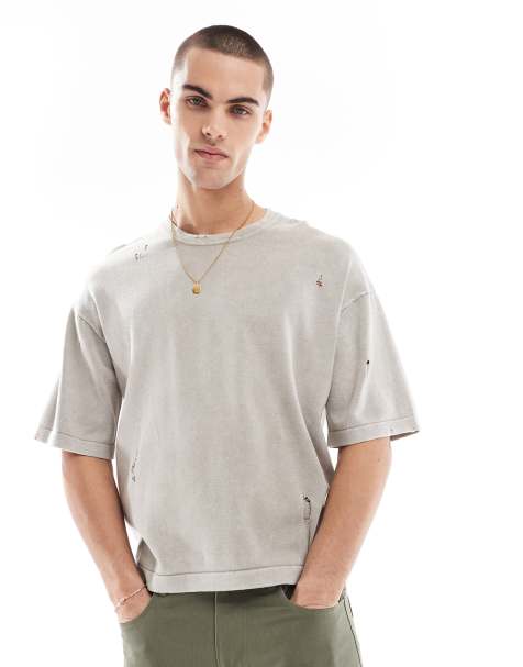 Bershka – Gestricktes, gewaschenes T-Shirt in Beige - view 1