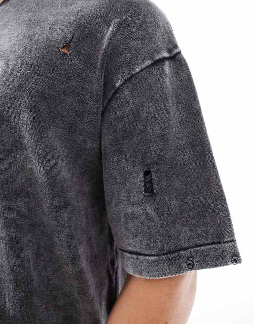 Bershka – Gestricktes, gewaschenes T-Shirt in Schwarz, 3 von 4
