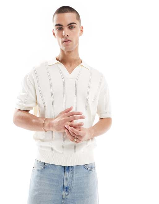 Bershka – Gestricktes Polohemd in Weiß
