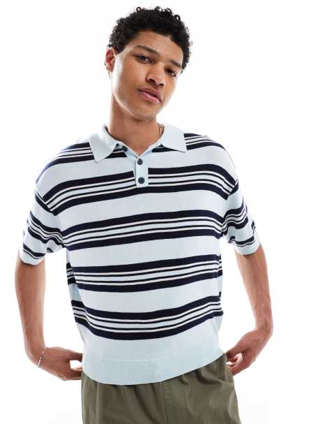 Bershka – Gestricktes Retro-Polohemd in gestreiftem Blau - view 1