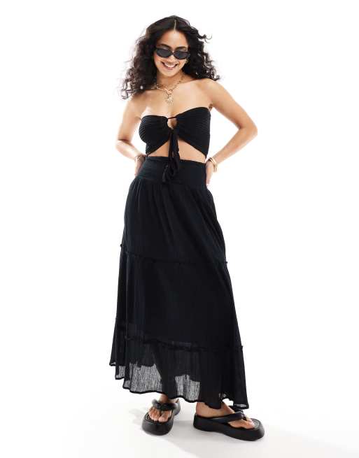 Bershka – Gestufter Maxirock in Schwarz mit gesmoktem Bund