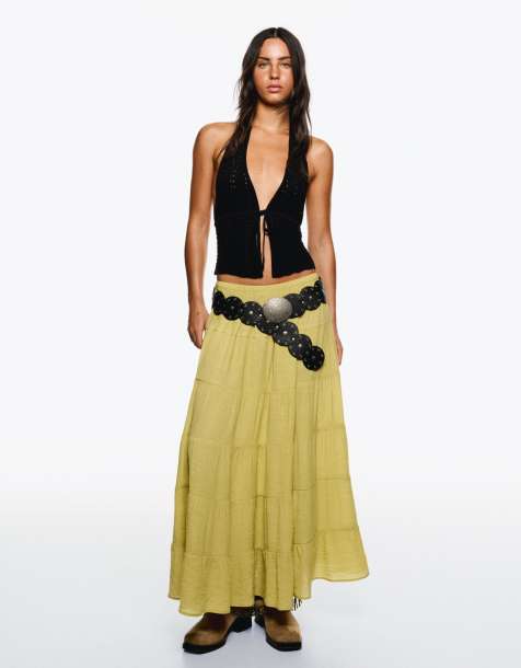 Bershka – Gestufter Musselin-Maxirock in Pistazie - view 1