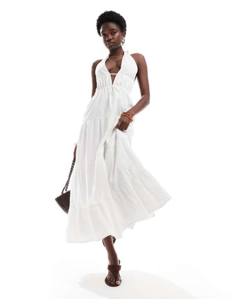 Bershka – Gestuftes Neckholder-Maxikleid in Weiß - view 1