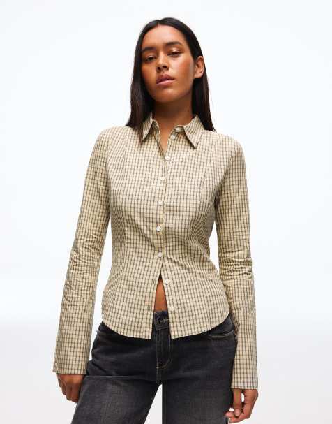 Bershka - Getailleerd overhemd met uitlopende mouwen in beige - view 1