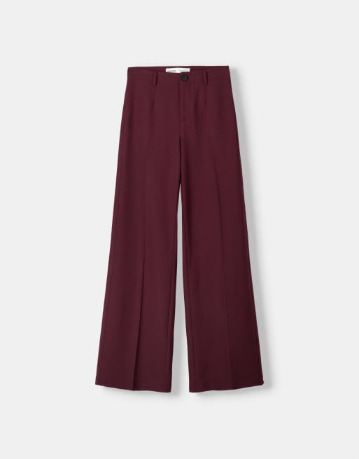 Bershka - Getailleerde broek met wijde pijpen in bordeauxrood, 4 van 5
