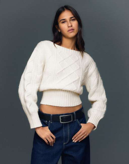 Bershka - Gevlochten boothals trui in ecru, 4 van 4
