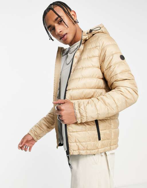 Bershka - Gewatteerd jack met capuchon in beige