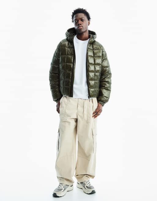 Bershka gewatteerd jack met ruitpatroon in kaki, 3 van 5