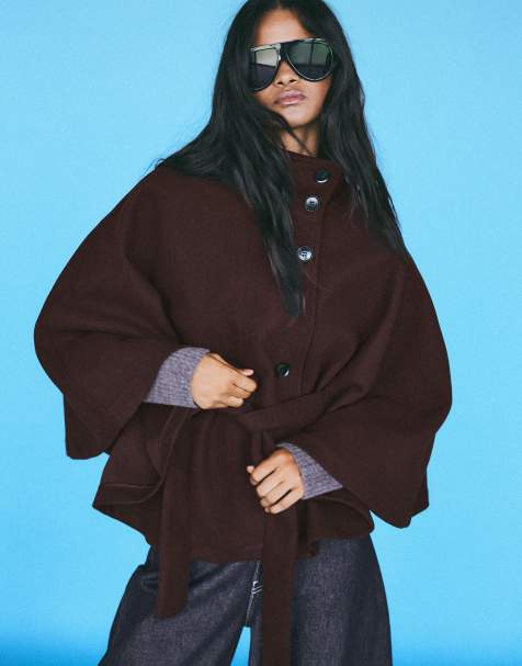 Bershka giacca a mantella con collo alto in marrone - view 1