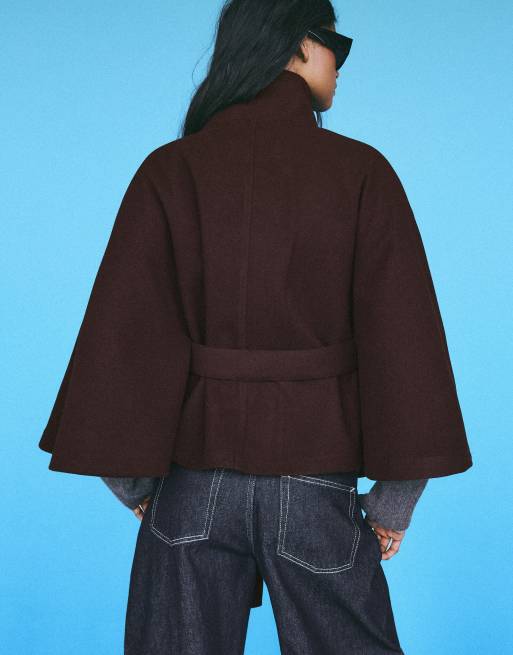 Bershka giacca a mantella con collo alto in marrone, 3 di 5