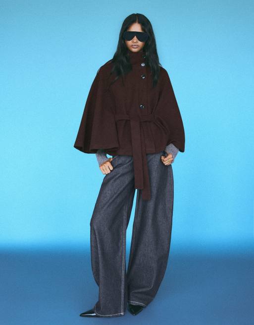 Bershka giacca a mantella con collo alto in marrone, 4 di 5