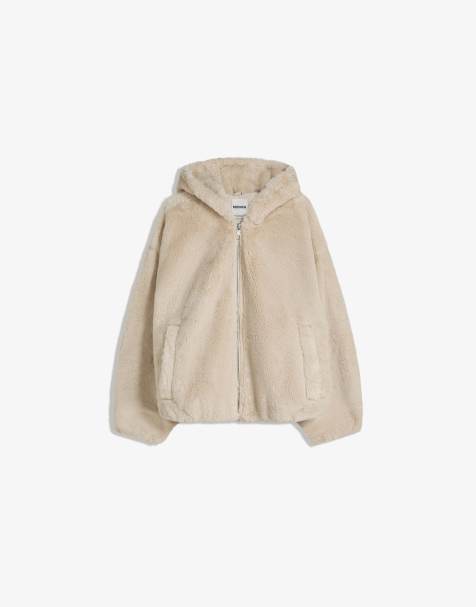 Bershka - Giacca beige con cappuccio in pelliccia sintetica - view 1