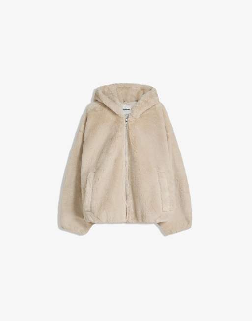 Bershka - Giacca beige con cappuccio in pelliccia sintetica, 2 di 4