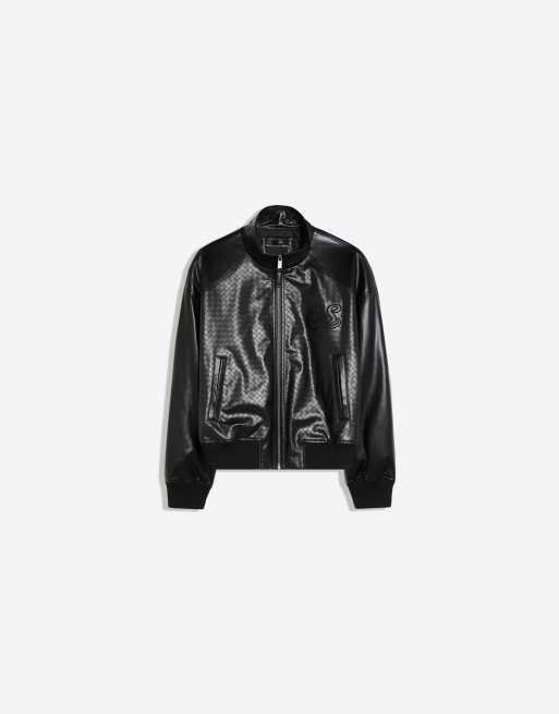 Bershka giacca bomber con effetto pelle intrecciata nera, 5 di 6
