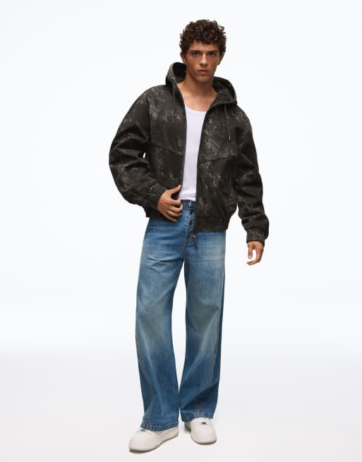 Bershka giacca con cappuccio con stampa in grigio slavato, 3 di 5