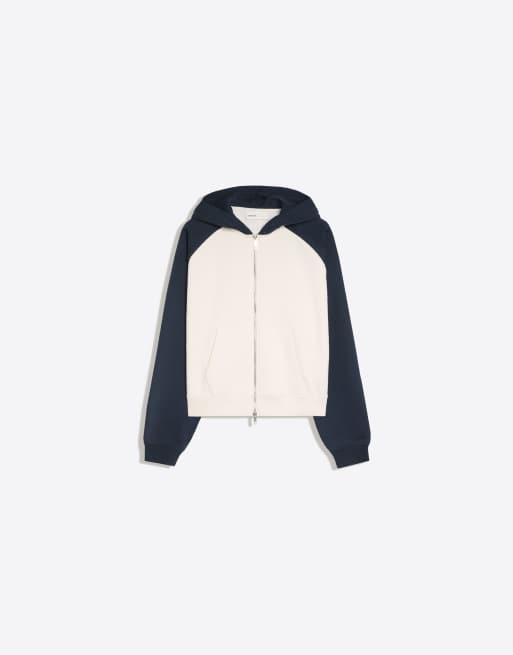Bershka giacca con cappuccio in pile con zip blu navy, 5 di 5