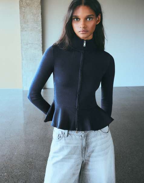 Bershka giacca con collo alto e peplo navy - view 1