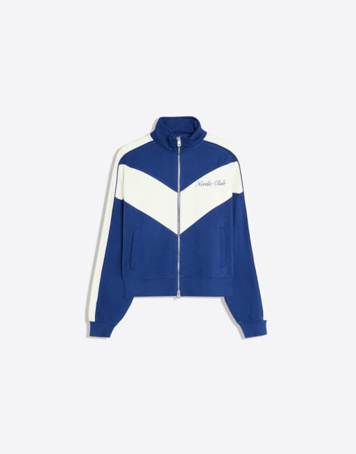Bershka giacca con stampa, collo alto, blu, 6 di 6