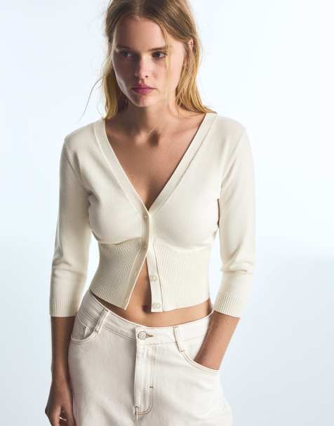 Bershka giacca corta con scollo a V in ecru - view 1