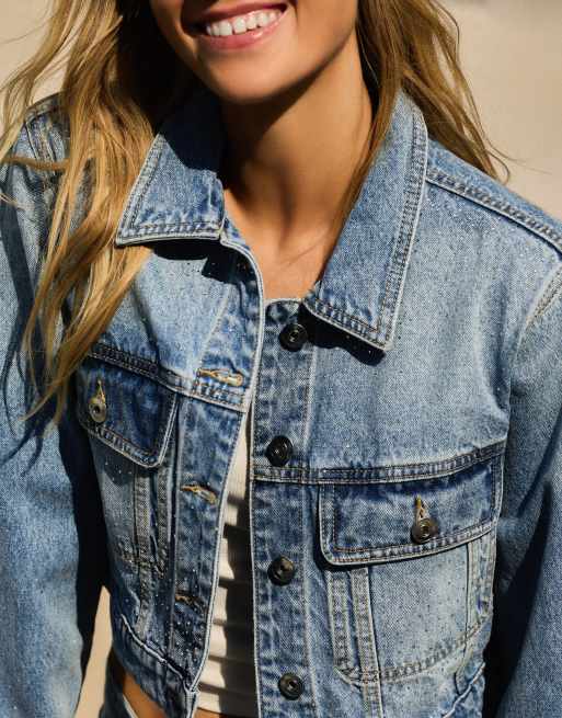 Bershka giacca di jeans corta scintillante blu medio, 2 di 5
