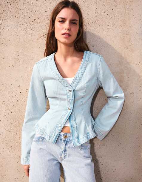 Bershka - Giacca di jeans peplo testurizzata a righe azzurra - view 1