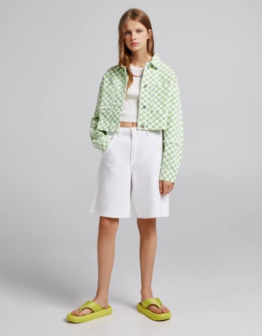 Bershka Giacca di jeans verde chiaro a scacchi ASOS