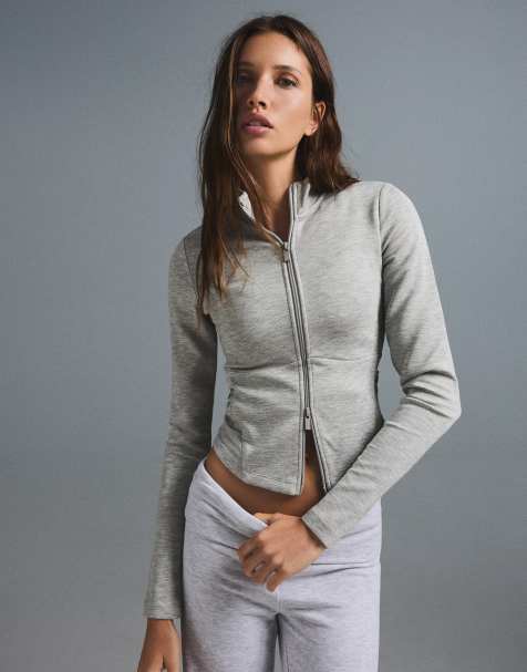 Bershka - Giacca grigio chiaro a coste con zip - view 1