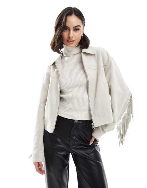 Bershka - Giacca in camoscio sintetico écru con frange - view 1