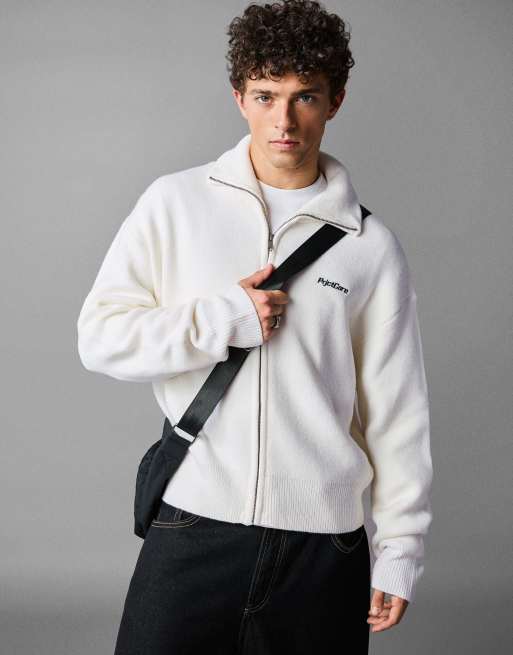 Bershka - Giacca in maglia bianca squadrata con zip, 4 di 7