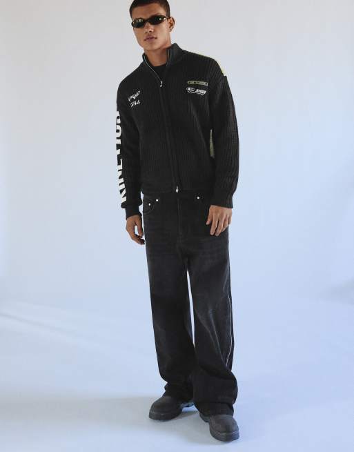 Bershka giacca in maglia ricamata con zip nera, 2 di 6
