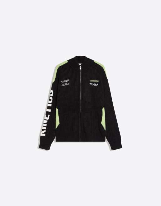 Bershka giacca in maglia ricamata con zip nera, 5 di 6