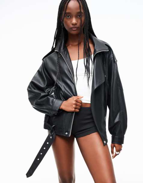 Bershka - Giacca in pelle sintetica nera con cintura - view 1