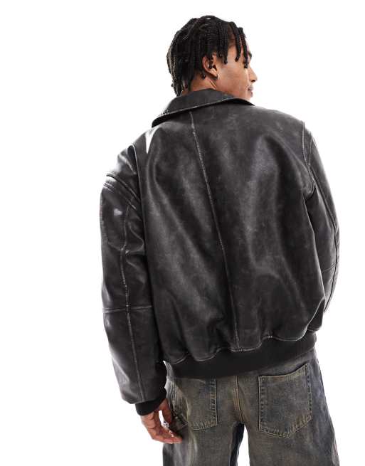 Bershka Giacca in pelle sintetica nero slavato ASOS