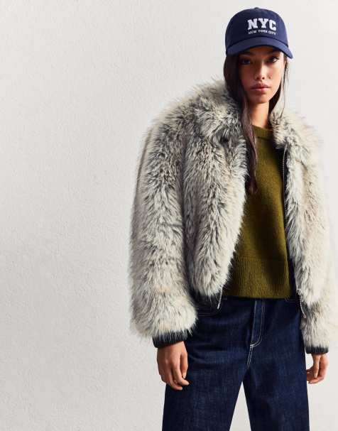 Bershka - Giacca in pelliccia sintetica grigio chiaro con zip - view 1