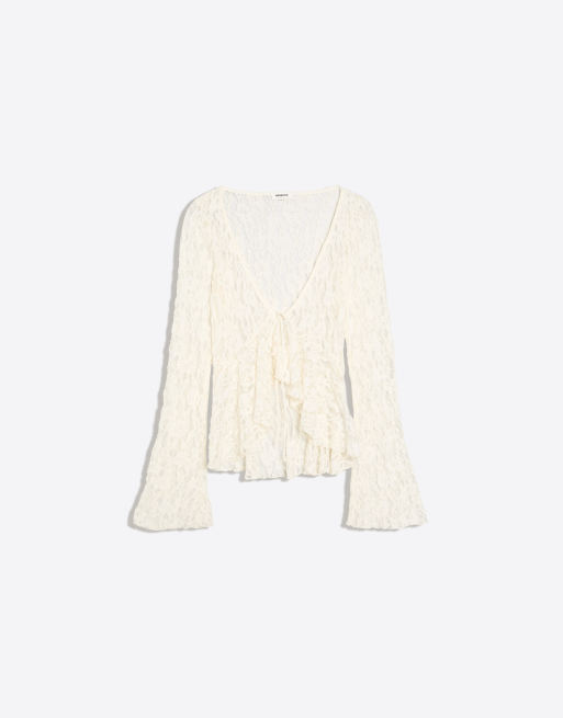 Bershka giacca in pizzo con volant color écru, 5 di 5