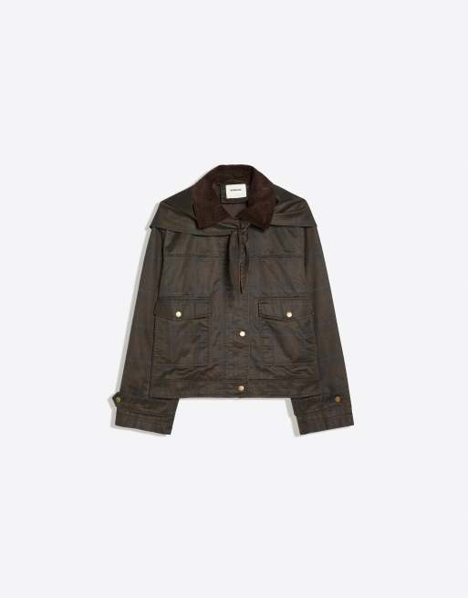 Bershka giacca in velluto a coste cerato marrone con sciarpa, 5 di 5