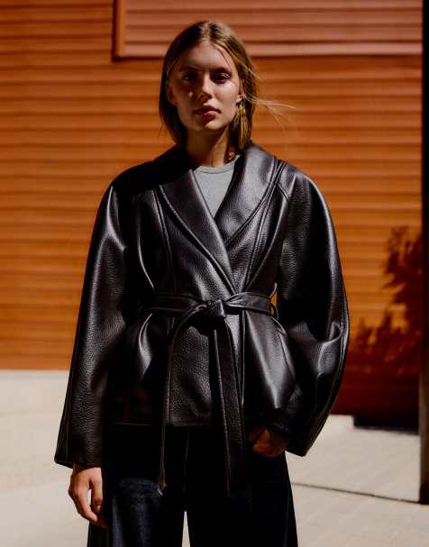Bershka giacca kimono effetto pelle con cintura marrone - view 1