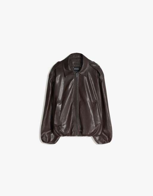 Bershka - Giacca marrone a palloncino in pelle sintetica, 5 di 5