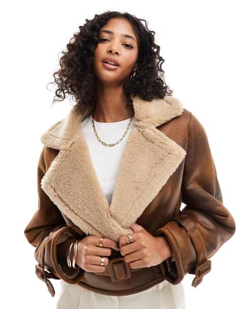 Bershka - Giacca marrone in camoscio e montone con cintura - view 1